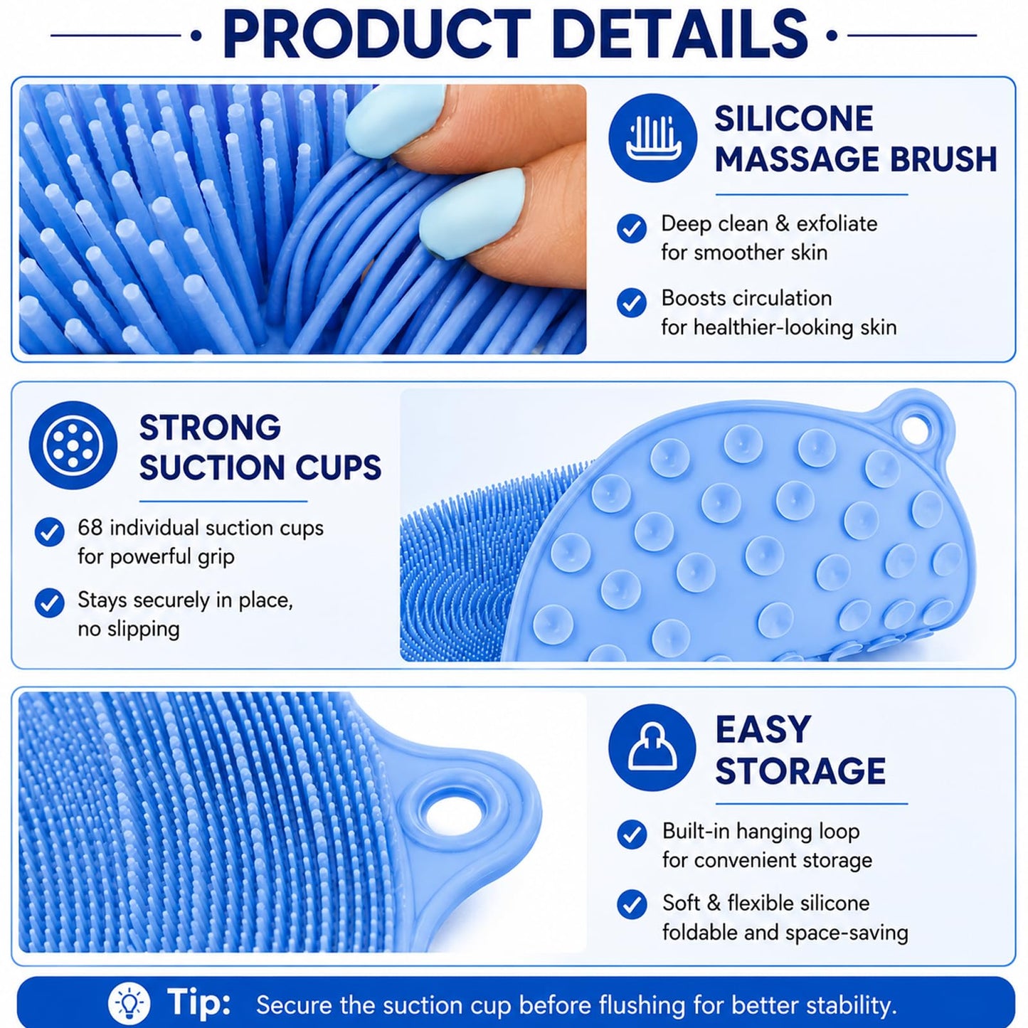 21.3" Silicone Foot & Back Scrubber Mat, Non-Slip Suction Cups Blue Beauty and Personal Care BARRYSAIL
