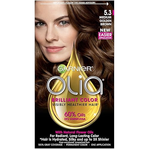 Garnier Olia Ammonia-Free Brilliant Color Oil-Rich Permanent Hair Color, 5.3 Medium Golden Brown (Pack of 1) Brown Hair Dye (Packaging May Vary) Beauty & Personal Care Garnier