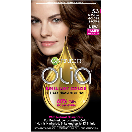 Garnier Olia Ammonia-Free Brilliant Color Oil-Rich Permanent Hair Color, 5.3 Medium Golden Brown (Pack of 1) Brown Hair Dye (Packaging May Vary) Beauty & Personal Care Garnier