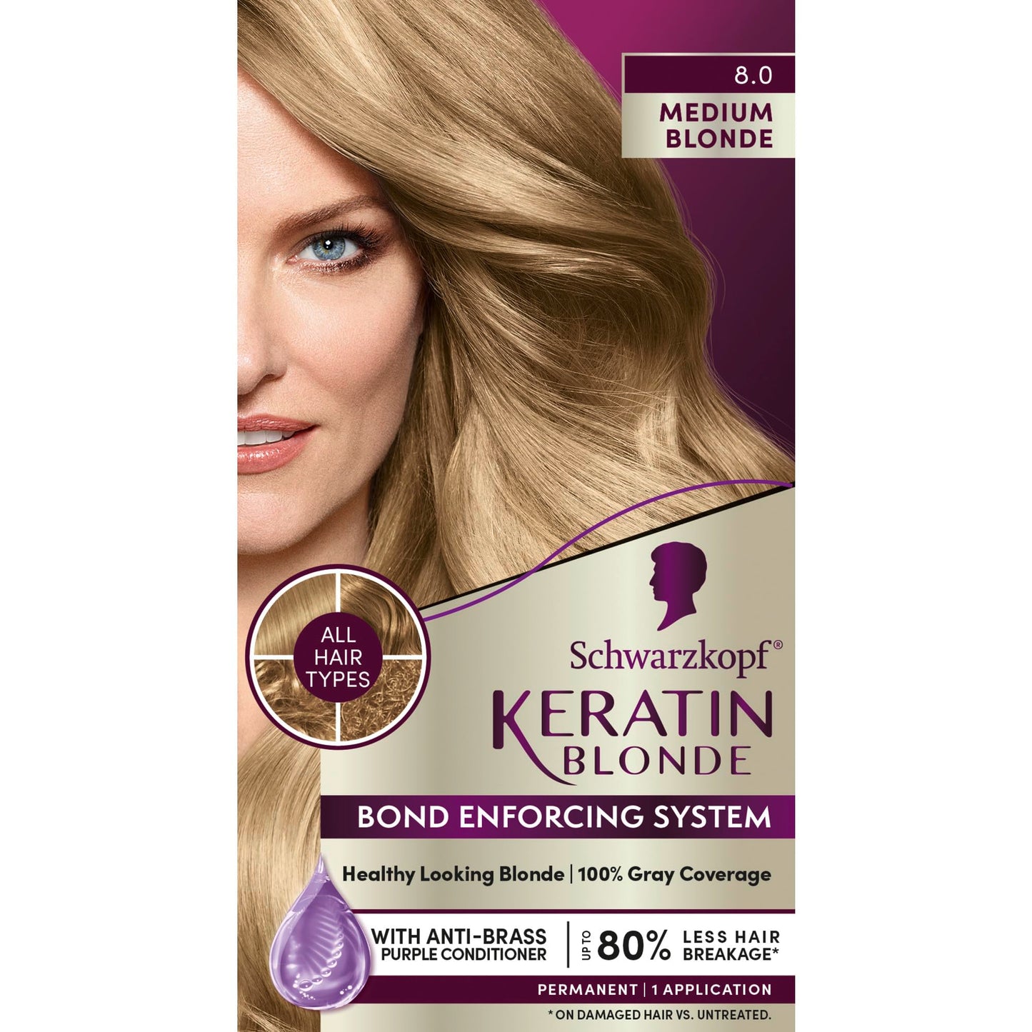 Schwarzkopf Keratin Blonde Hair Dye, 8.0 Medium Blonde, Professional Quality Permanent Hair Color, Bond Enforcing System, Pre-Color Serum & Purple Beauty & Personal Care Schwarzkopf