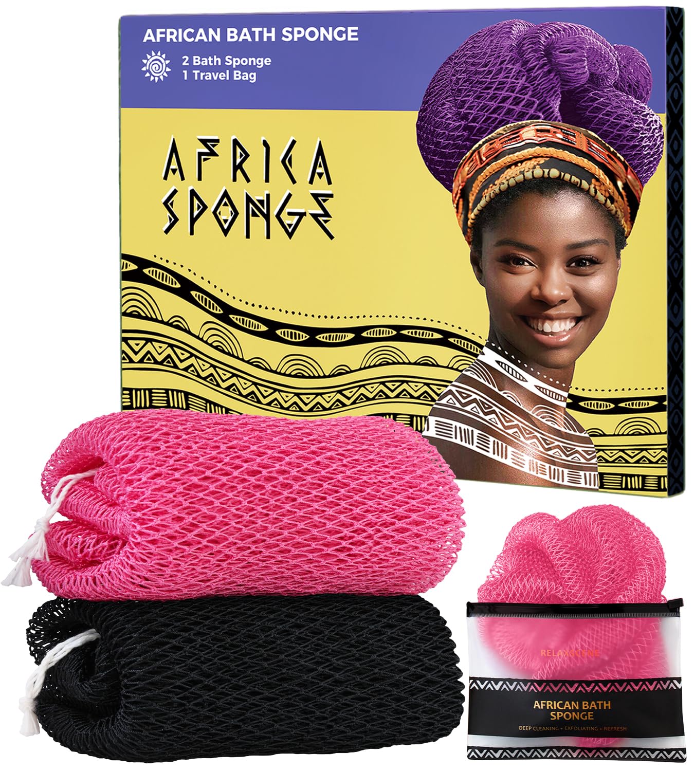African Net Sponge Authentic - 2 Pieces Exfoliating Body Scrubber Bath Sponge - Back Scrubber Washcloth for Shower - Real African Scrub Exfoliator Beauty and Personal Care RelaxScene