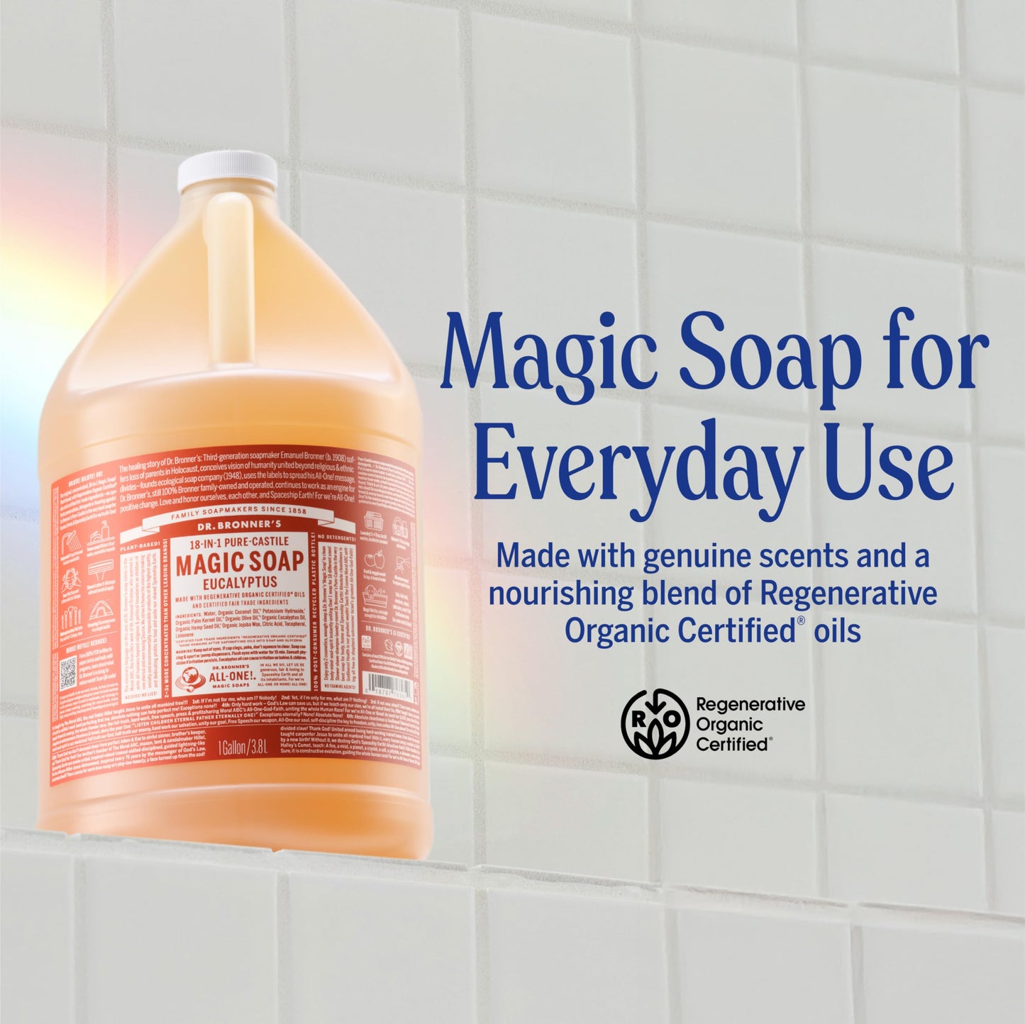 Dr. Bronner's Pure-Castile Magic Soap Liquid (Eucalyptus, 1 Gallon) - Made with Regenerative Organic Certified Oils, 18-in-1 Uses: Face, Body, Hair Beauty & Personal Care Dr. Bronner's