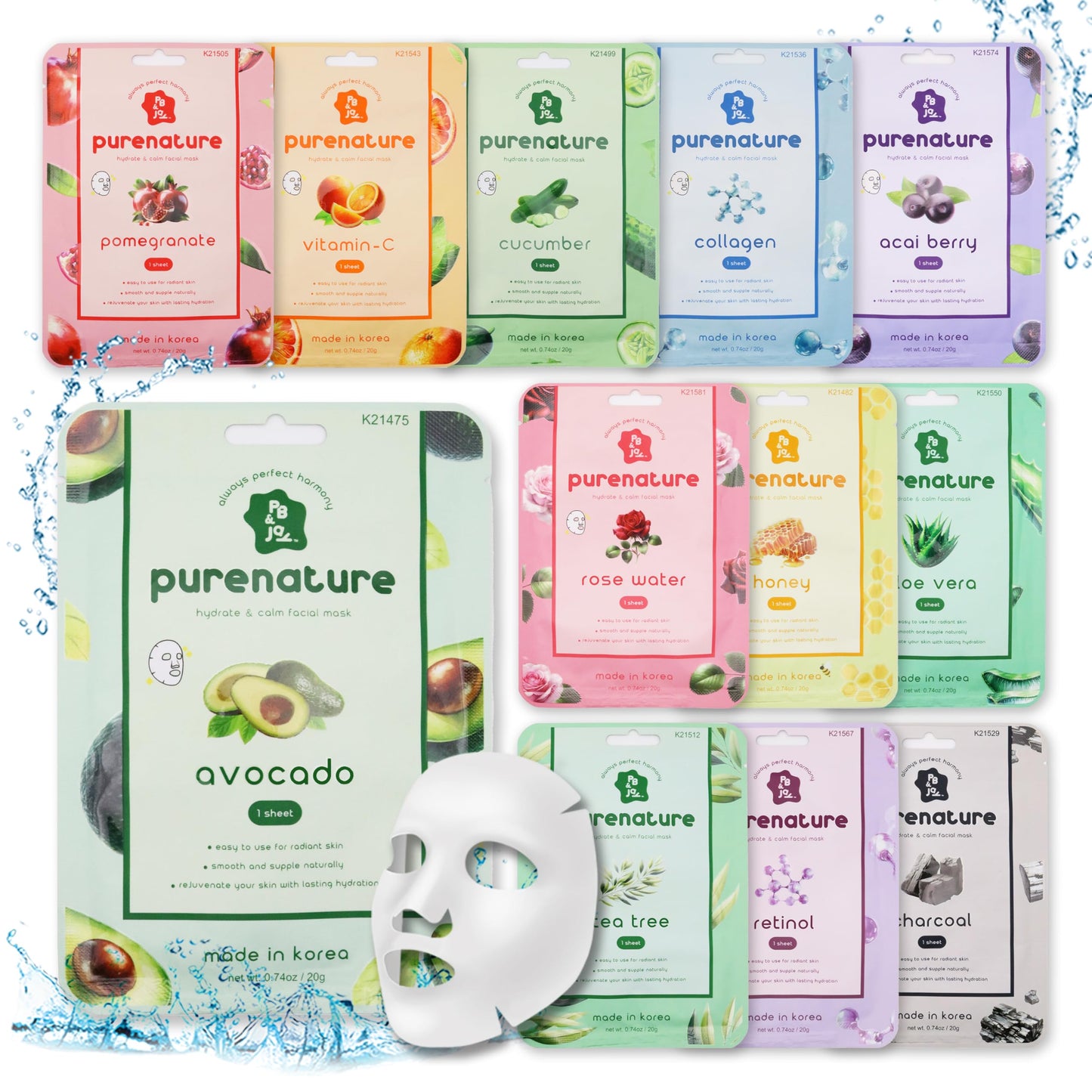 PB&Jay Purenature Hydrate and Calm Facial Mask - 12 Pack Acai Berry,Vita c,retinol and more, Made in Korea, Face Mask Skincare for Hydration, Skincare Beauty & Personal Care PB & JAY