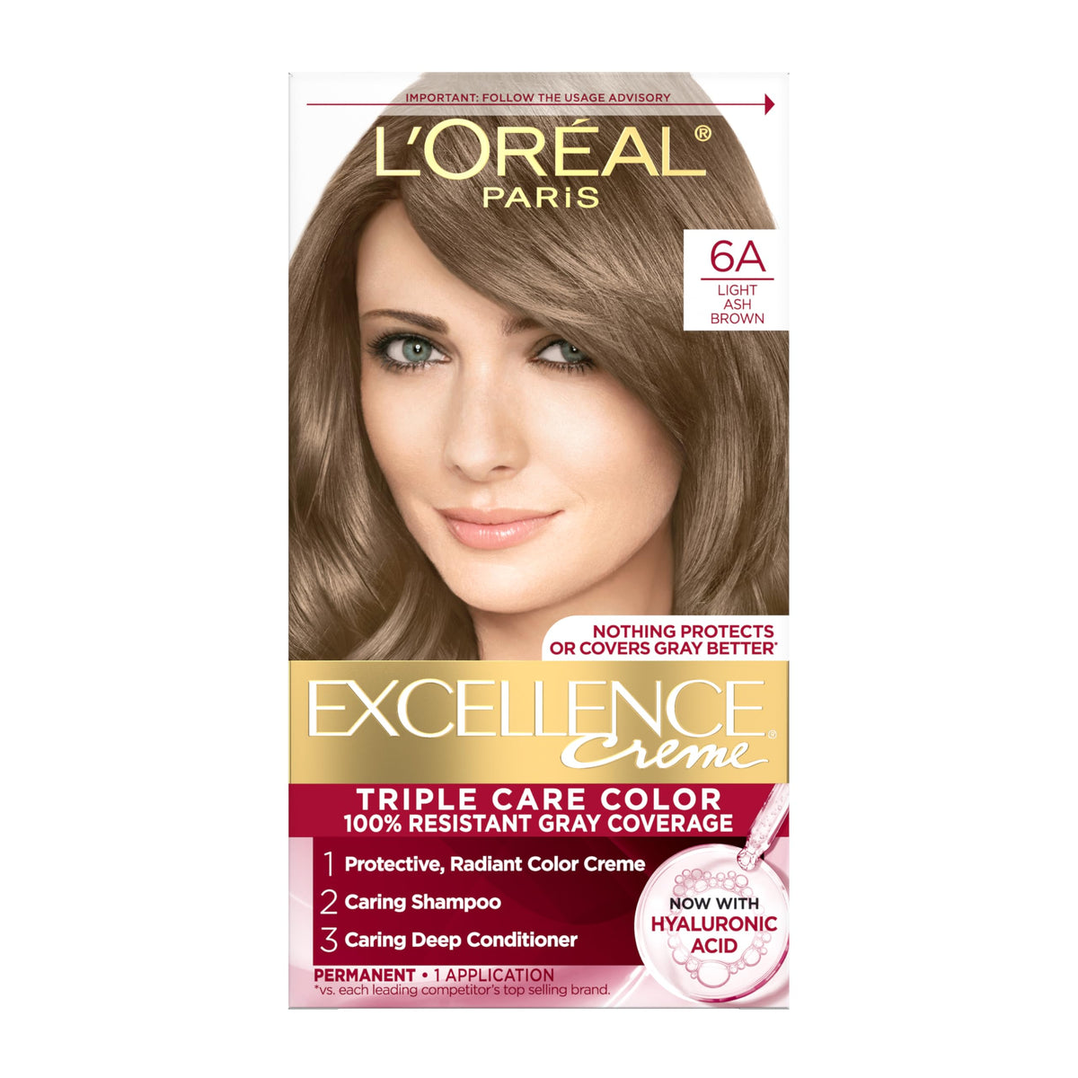 L'Oreal Paris Excellence Crème Permanent Hair Dye, Triple Care Hair Color with Hyaluronic Acid for 100% Gray Coverage, 6A Light Ash Brown, 1 Kit Beauty & Personal Care L'Oreal Paris