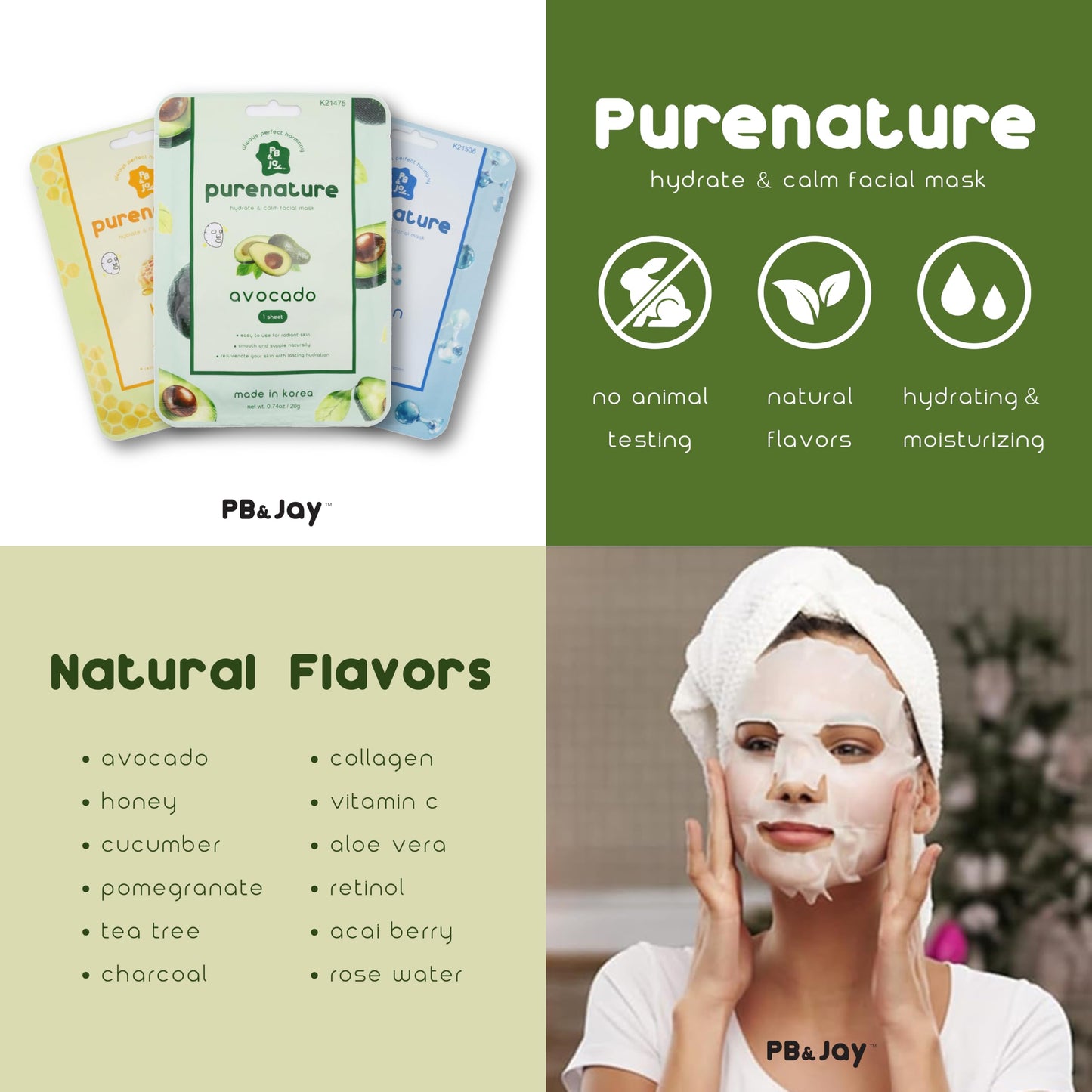 PB&Jay Purenature Hydrate and Calm Facial Mask - 12 Pack Acai Berry,Vita c,retinol and more, Made in Korea, Face Mask Skincare for Hydration, Skincare Beauty & Personal Care PB & JAY