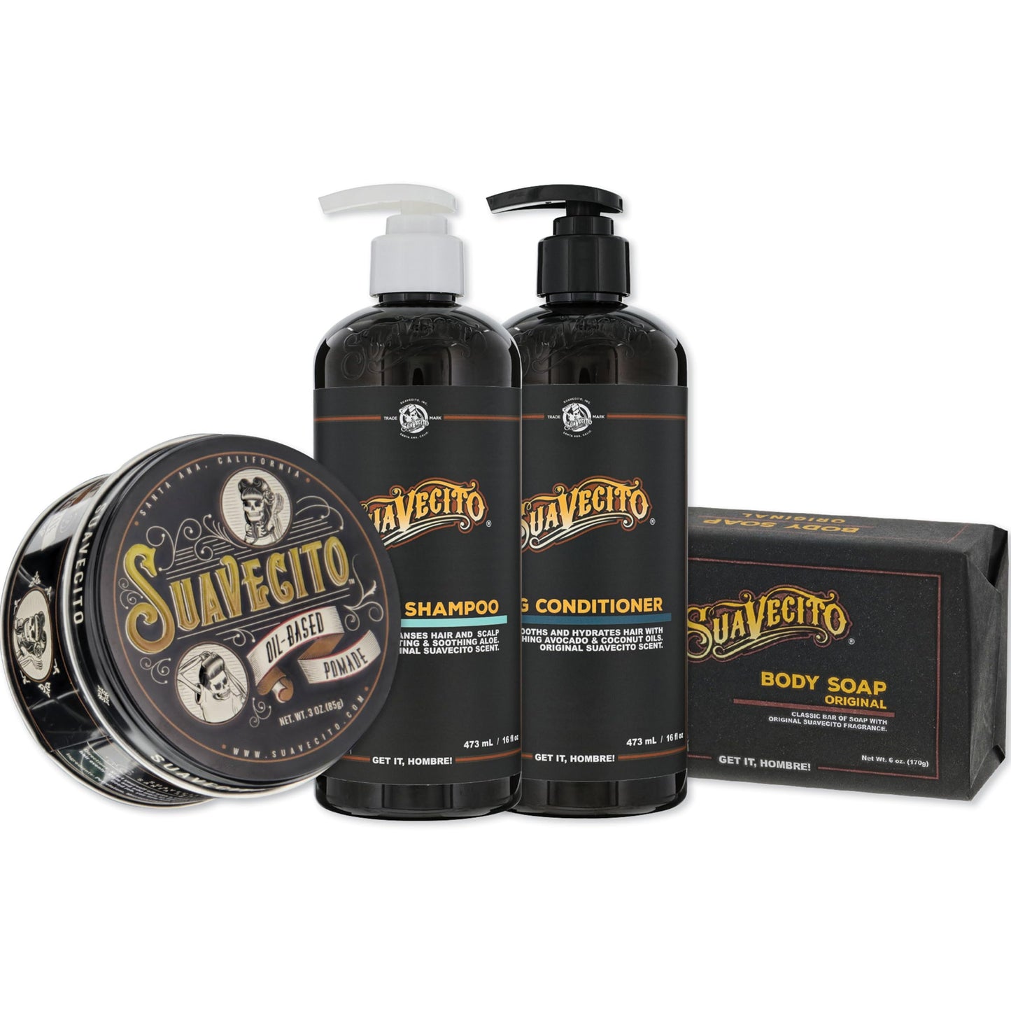 Suavecito Hair & Body Essentials Bundle: Oil Based Hair Styling Pomade, Moisturizing Body Soap, Hydrating Shampoo & Nourishing Conditioner… Beauty & Personal Care Suavecito