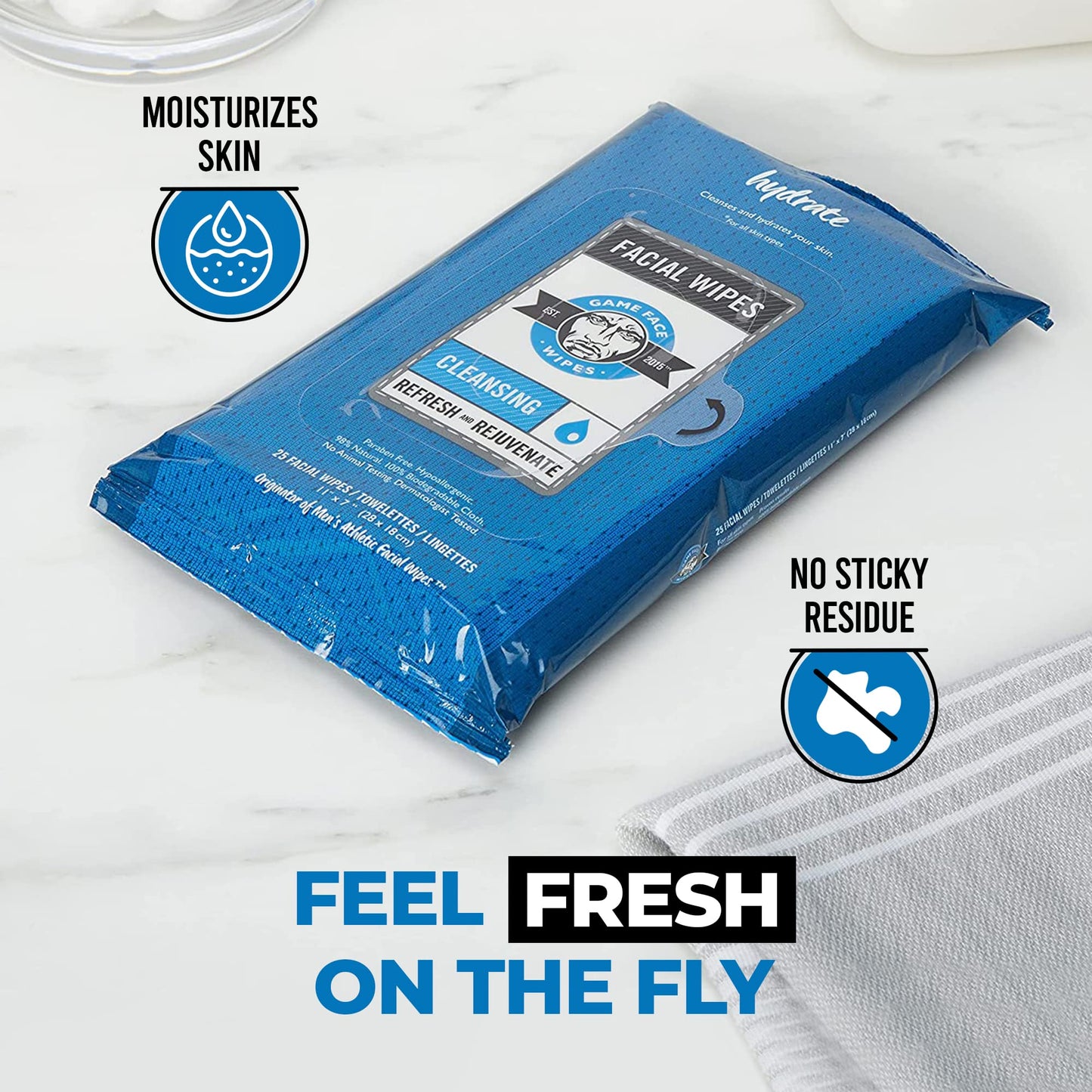 Game Face Cleansing Face Wipes 25 Count Pack XL Size 100% Compostable, Naturally Formulated and Lightly Scented Hydrating, Refreshing Beauty & Personal Care Game Face Products, Inc.
