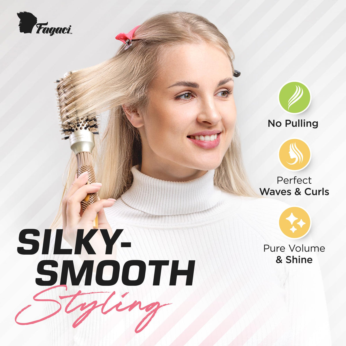 Fagaci Small Round Brush for Blow Drying with Natural Boar Bristle, Hair Styling, Drying, Healthy Hair and Add Volume, Ceramic Gold, Hair Brush + 4 Beauty & Personal Care Fagaci
