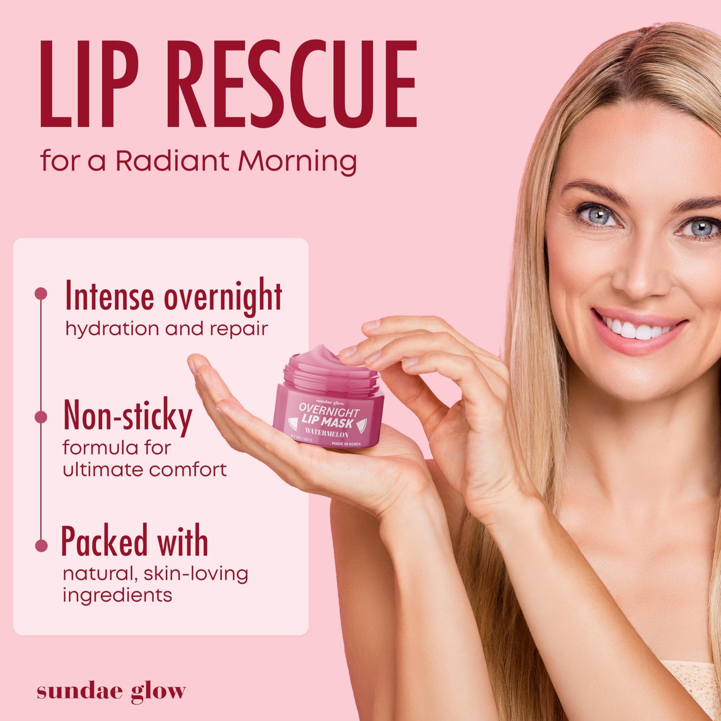 Sundae Glow Lip Mask with Watermelon - Overnight Lip Repair, Intense Hydration & Smoothing - Dermatologist Tested, Korean Skin Care - 95% Natural Beauty & Personal Care Sundae Glow