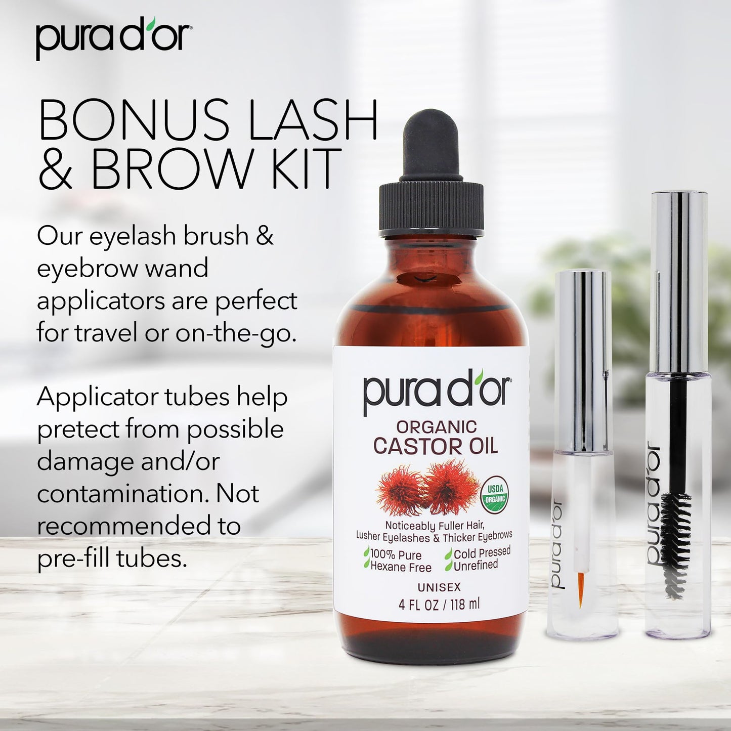 PURA D'OR 4 Oz ORGANIC Castor Oil - w/ 2 BONUS Empty Brushes - 100% Pure USDA Certified Cold Pressed, Hexane Free Eyelash & Eyebrow Serum Beauty & Personal Care PURA D'OR