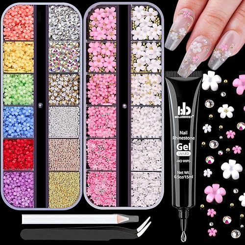 3D Flowers Nail Charms and Gems with Nail Rhinestone Glue Gel, Cute Colorful Acrylic 3D Flowers for Nails with Caviar Beads, Rhinestones for Nails Beauty & Personal Care BELLEBOOST