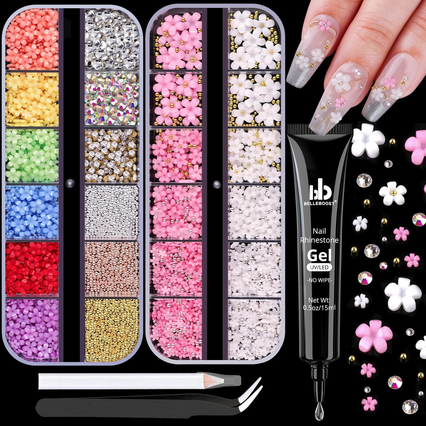 3D Flowers Nail Charms and Gems with Nail Rhinestone Glue Gel, Cute Colorful Acrylic 3D Flowers for Nails with Caviar Beads, Rhinestones for Nails Beauty & Personal Care BELLEBOOST