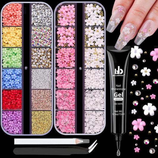 3D Flowers Nail Charms and Gems with Nail Rhinestone Glue Gel, Cute Colorful Acrylic 3D Flowers for Nails with Caviar Beads, Rhinestones for Nails Beauty & Personal Care BELLEBOOST