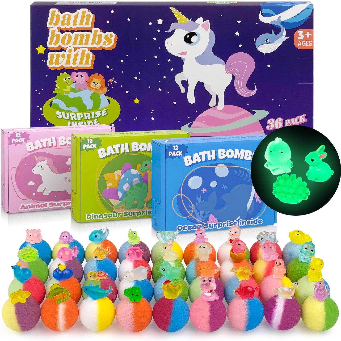 Bath Bombs for Kids with Toy Inside, 36 Pcs Bath Bombs with Glow in The Dark Dinosaur, Animal and Ocean Surprise Inside, Handmade Organic Bubble Bath Beauty and Personal Care DOVIPE