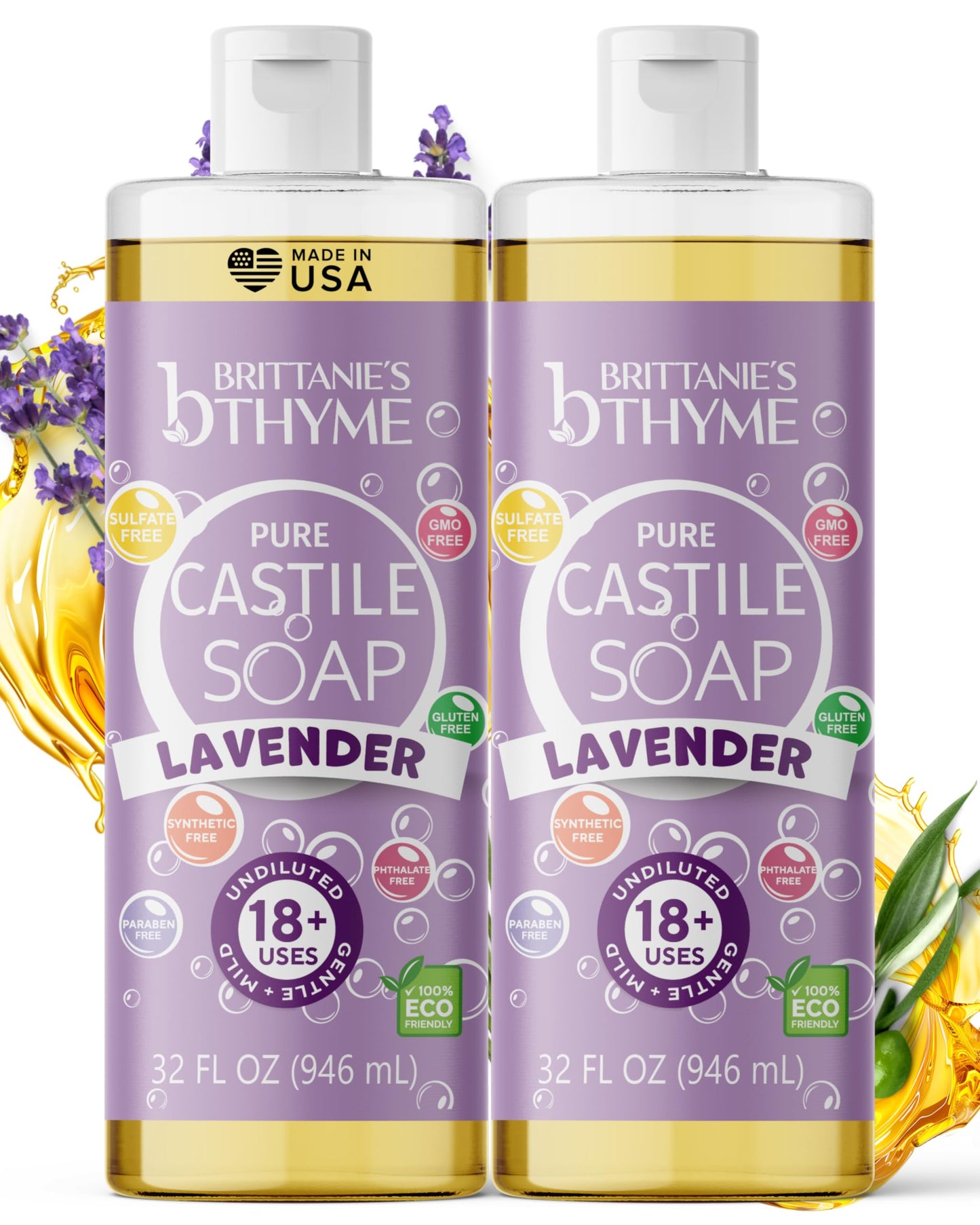 Brittanie’s Pure Castile Liquid Soap Refill, Lavender, 32 Ounce 2 Pack | Dish Soap, Hair & Body, Laundry, Home, Gentle and Pure, Made with Natural Beauty & Personal Care Brittanie's Thyme