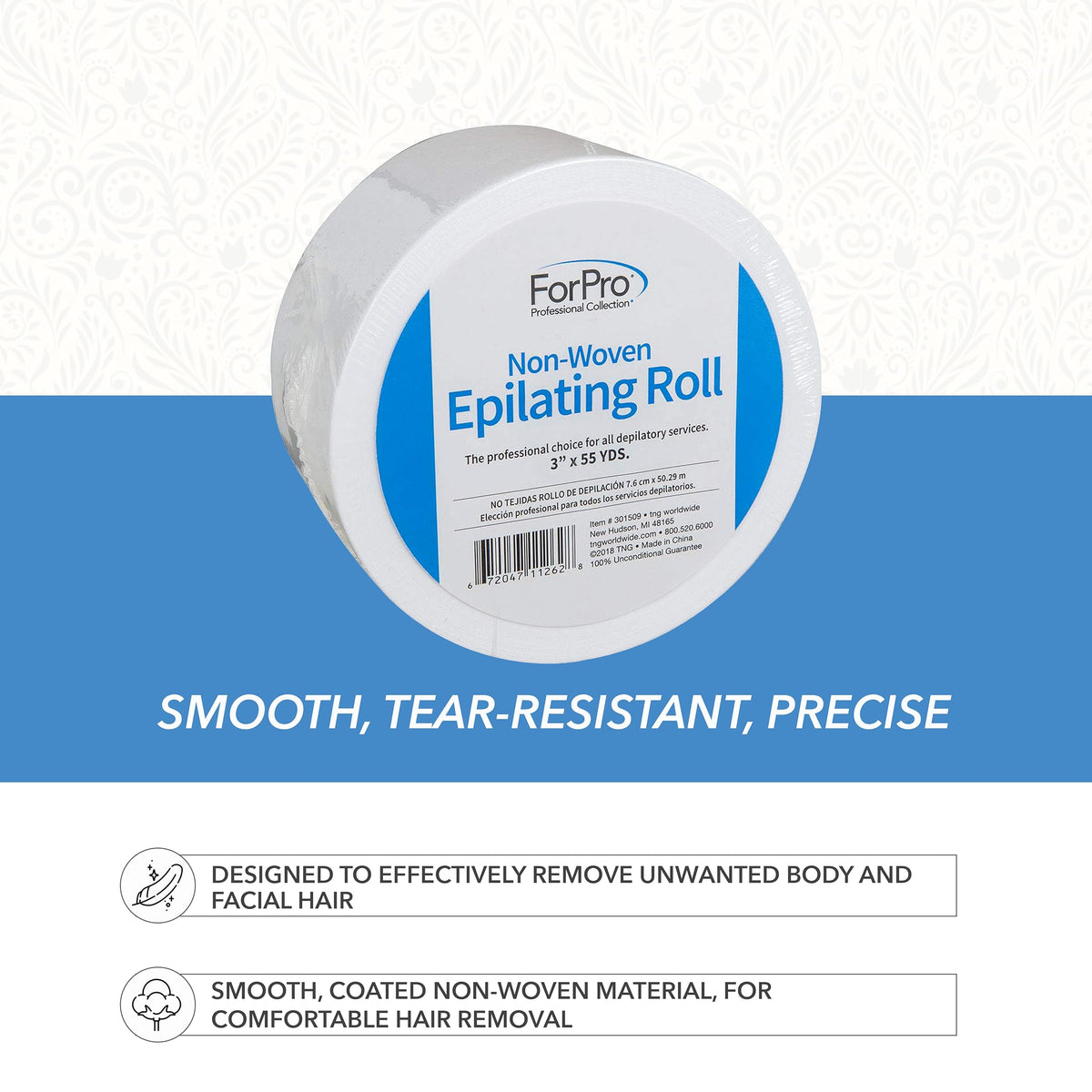 ForPro Non-Woven Epilating Roll for Body and Facial Hair Removal, Tear-Resistant, Lint-Free, 3” x 55 Yards, White Beauty and Personal Care ForPro Professional Collection