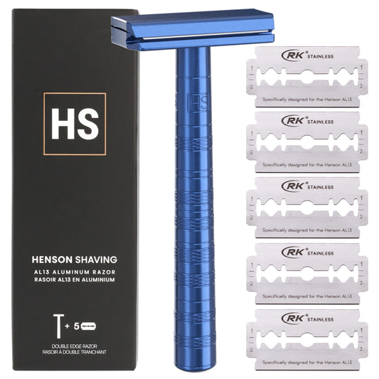 Henson Shaving Razor - Steel Blue Double Edge Safety Razor with 5 Spare Blades - 30° Angled Precision With Superior Blade Rigidity- Reusable Single Beauty and Personal Care Henson Shaving