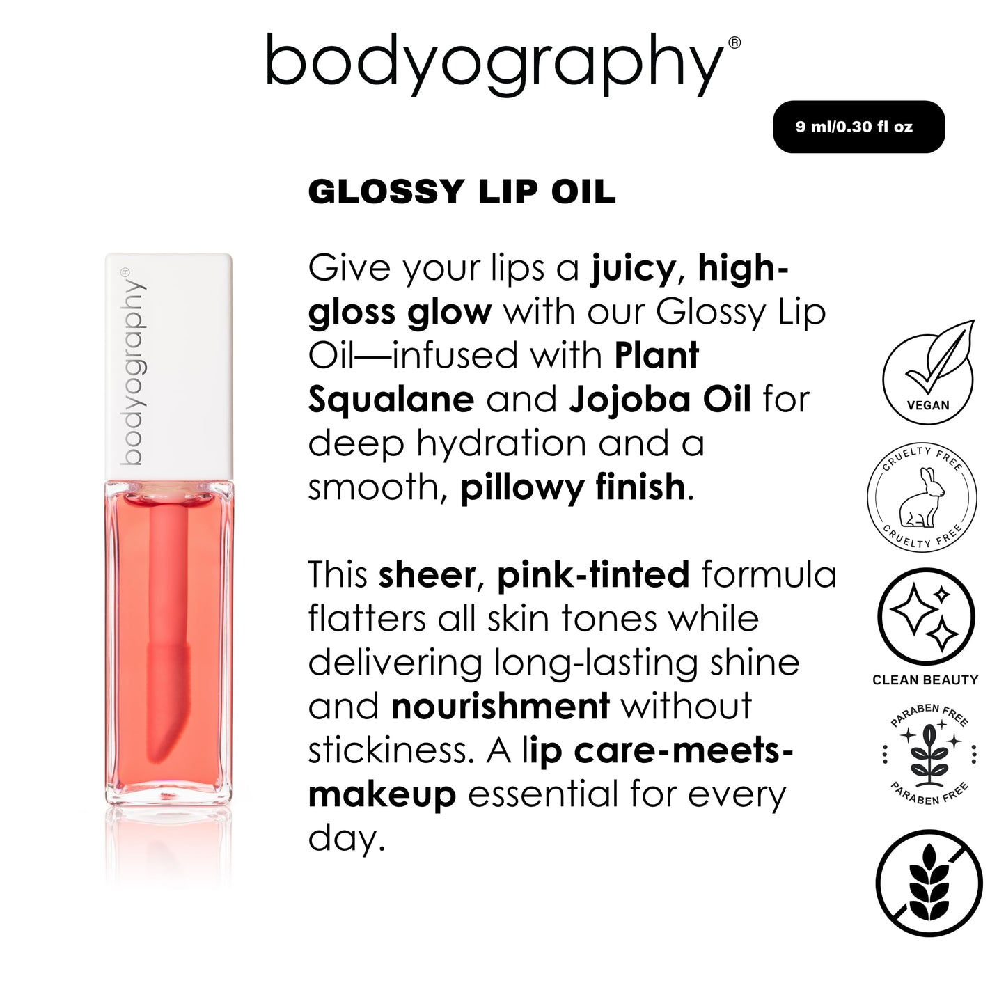 Bodyography Glossy Lip Oil with Plant Squalane & Jojoba | Hydrating Pink Tint Lip Gloss for All Skin Tones | Non-Sticky Vegan Lip Moisturizer with Beauty & Personal Care Bodyography