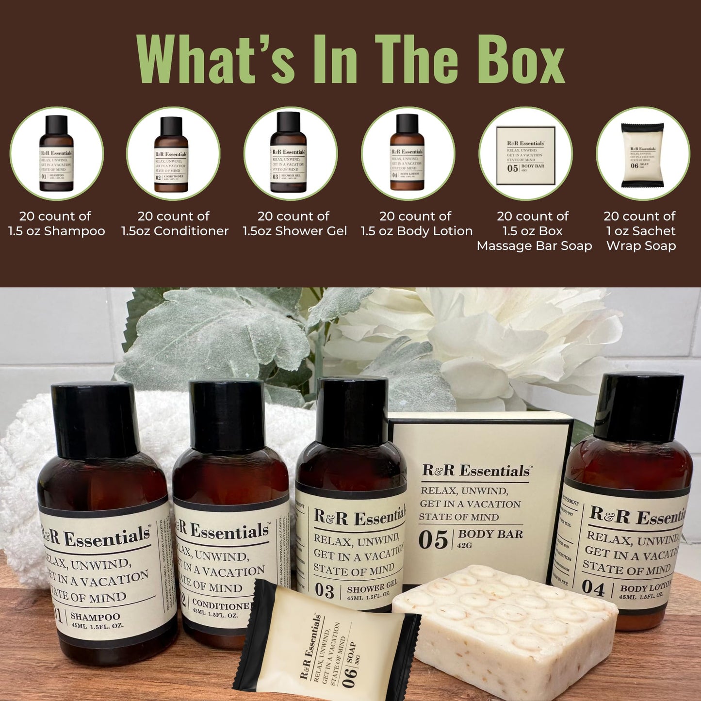 R&R Essentials Hotel Soaps and Toiletries Bundle, Vacation Home Amenities Kit - 1.5oz Shampoo, Conditioner, Shower Gel, Lotion And 2 Bar Soaps Beauty and Personal Care R&R Essentials
