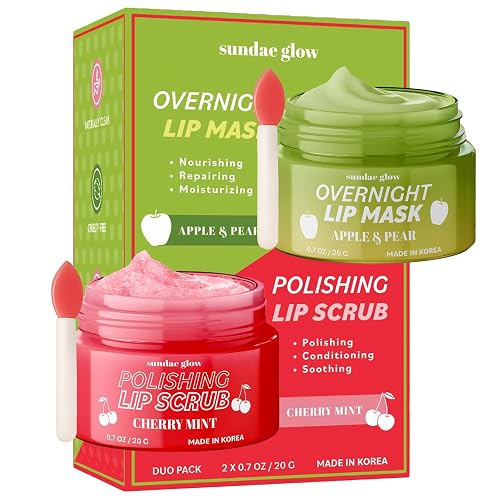 Sundae Glow Lip Mask & Scrub - Apple, Pear, Cherry & Mint - Hydrates, Exfoliates, Softens, Repairs Dry & Chapped Lips - Dermatologist Tested, Korean Beauty & Personal Care Sundae Glow