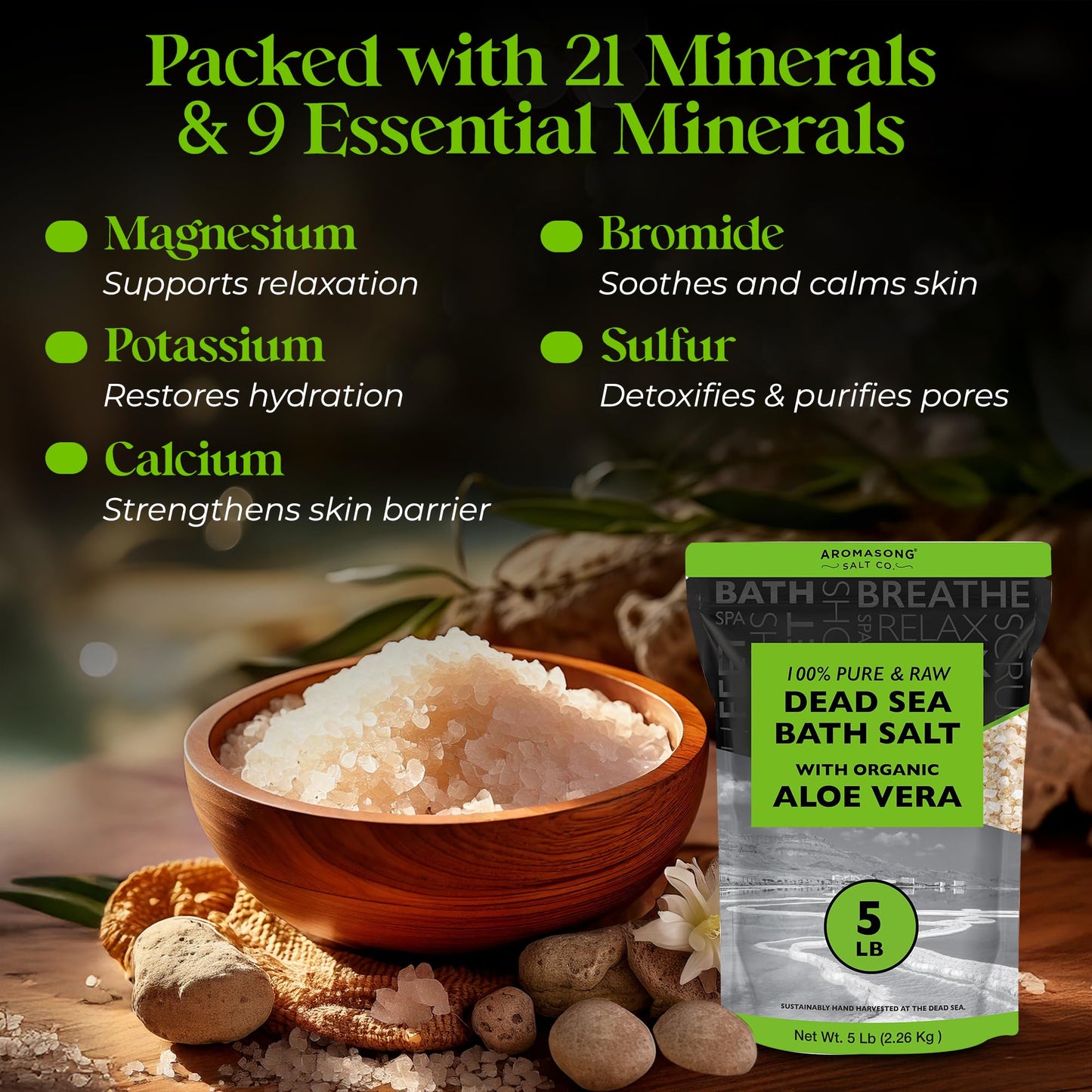 Aromasong 5 lbs Raw Dead Sea Salt with Organic Aloe Vera, not Cleaned, Still Contains All Dead sea Minerals Including Dead sea Mud, Fine Medium Grain Beauty and Personal Care Aromasong