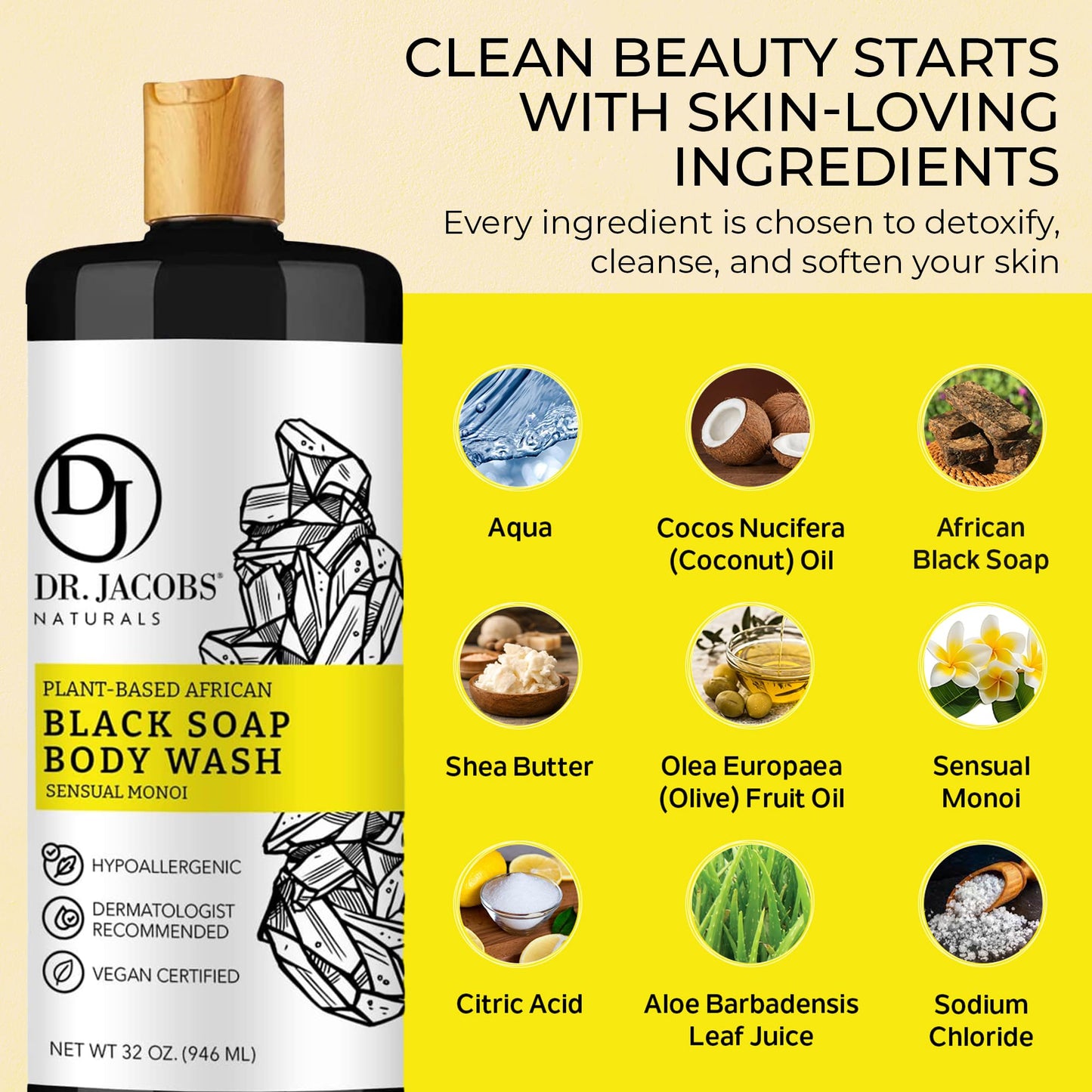 Dr Jacobs Naturals Authentic African Black Liquid Soap with Sensual Monoi Scent | All-In-One Face Wash, Sensitive Skin Body Wash, Shampoo, Shaving Beauty & Personal Care DR.JACOBS NATURALS