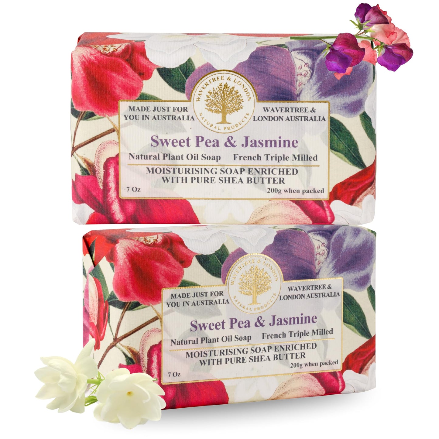Wavertree & London Sweet Pea & Jasmine Scented Natural Soap (2 Bars), 7oz Moisturizing French Triple Milled Soap Bars enriched with shea butter - Pure Beauty & Personal Care Wavertree & London