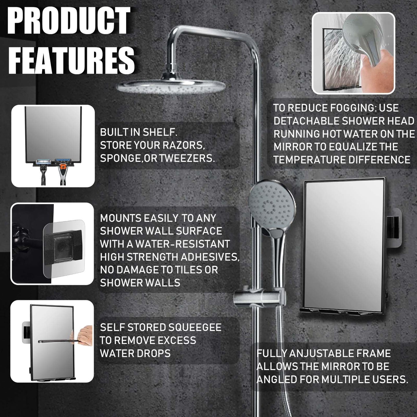 LFOYOU Shower Mirror for Shaving & Washing Your Face with a Squeegee - Built-in Two Razor Holder, 360°Rotation Adjustable Shaving Bathroom Mirror Beauty and Personal Care LFOYOU