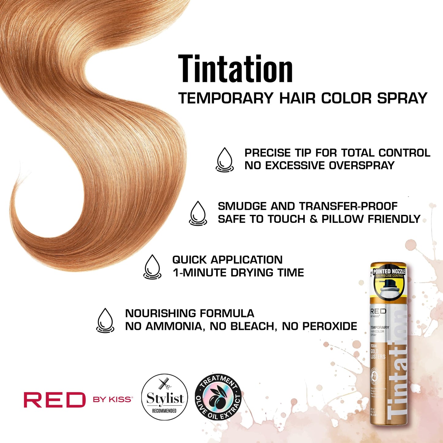 Red by Kiss Tintation Temporary Hair Color Spray 2.82oz, Quick-Dry & Smudge-Proof, Vivid Color Washable Hair Dye, Styling Spray Cosplay Halloween Beauty & Personal Care Red by Kiss
