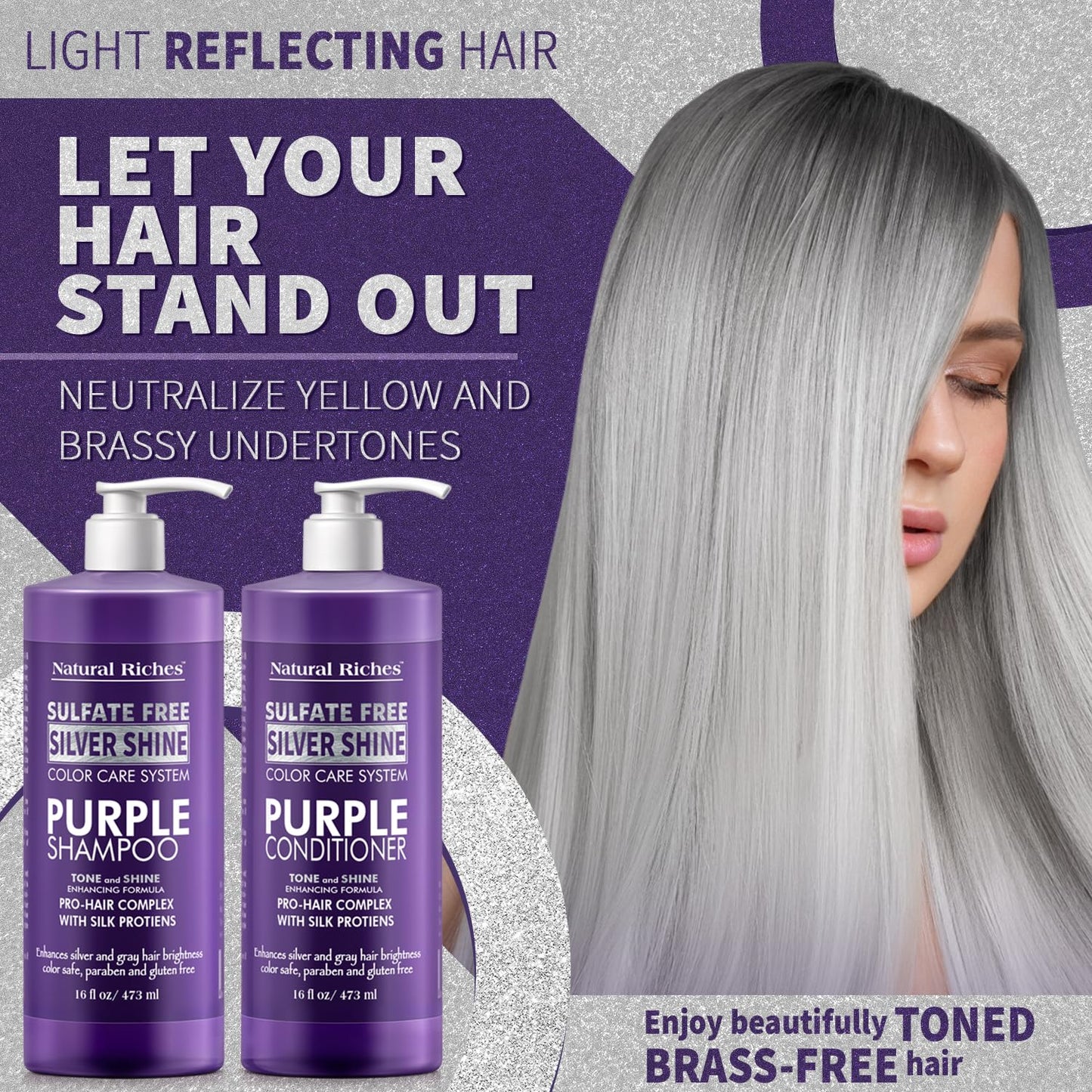 Natural Riches Radiant Silver Shine Purple Shampoo and Conditioner Set for Gray Hair - Paraben-Free and Color Safe - With Silk Proteins, Tones Dull Beauty & Personal Care Natural Riches