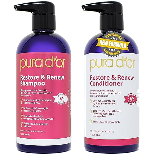 PURA D'OR Restore & Renew Shampoo and Conditioner Set for Strong, Healthy, and Nourished Hair with Organic Aloe Vera, Rosemary, Sea Buckthorn, Cacay Beauty & Personal Care PURA D'OR