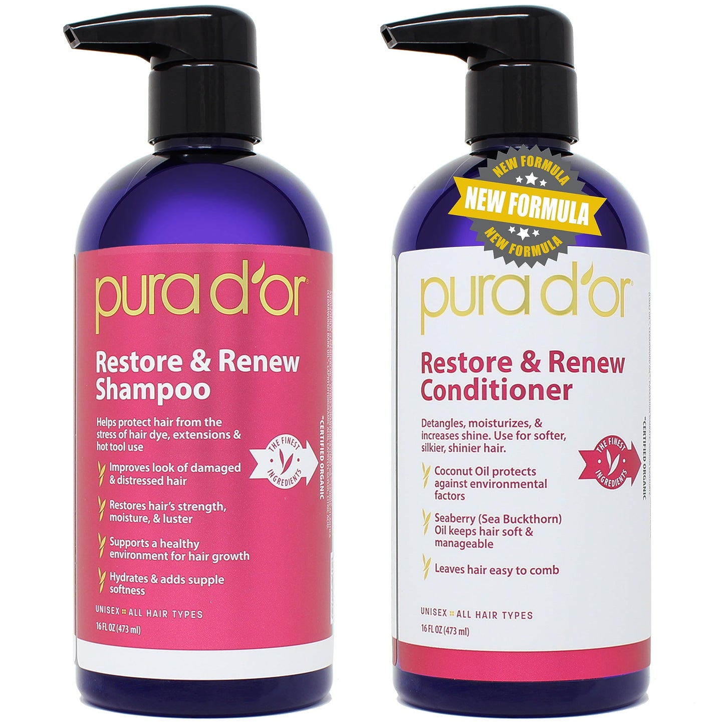 PURA D'OR Restore & Renew Shampoo and Conditioner Set for Strong, Healthy, and Nourished Hair with Organic Aloe Vera, Rosemary, Sea Buckthorn, Cacay Beauty & Personal Care PURA D'OR