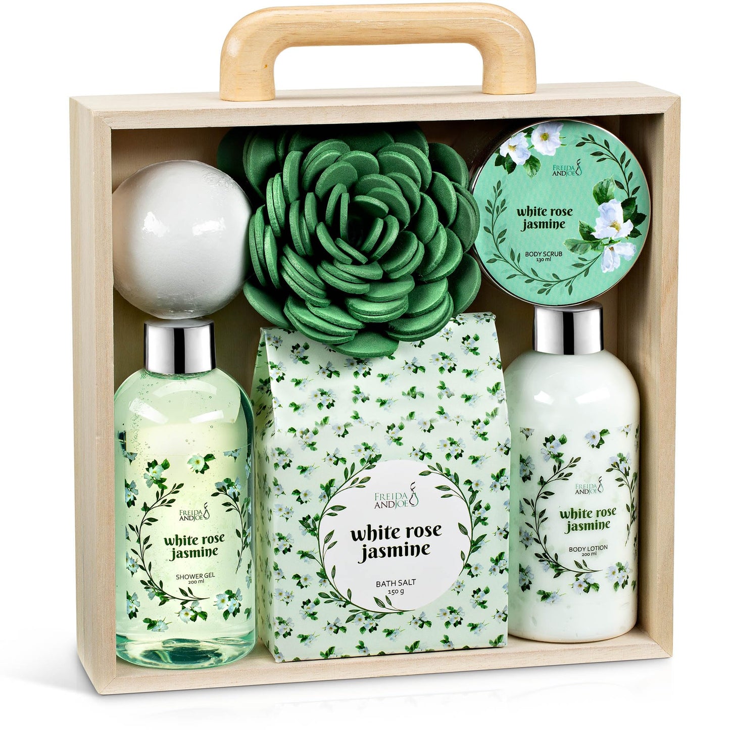 Deluxe White Rose Jasmine Spa Basket Home Spa Set with Shower Gel, Body Lotion, Bath Salts, Body Scrub, Bath Bomb and Bath Puff in Wooden Curio Gift Beauty and Personal Care Freida and Joe