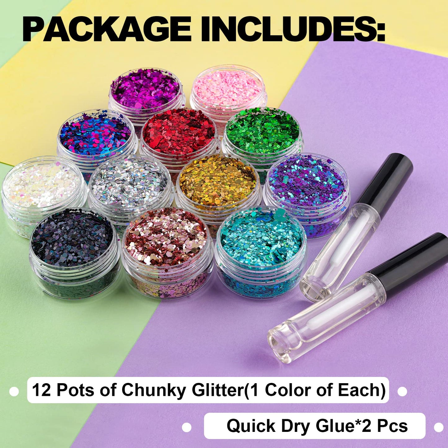 12 Colors of Holographic Chunky Glitter with Quick Dry Glue, 12 Pots Total 120g Multi-Shaped for Body Hair Face Eyes Make-up, Nail Art and Bedazzling Beauty & Personal Care BELLEBOOST