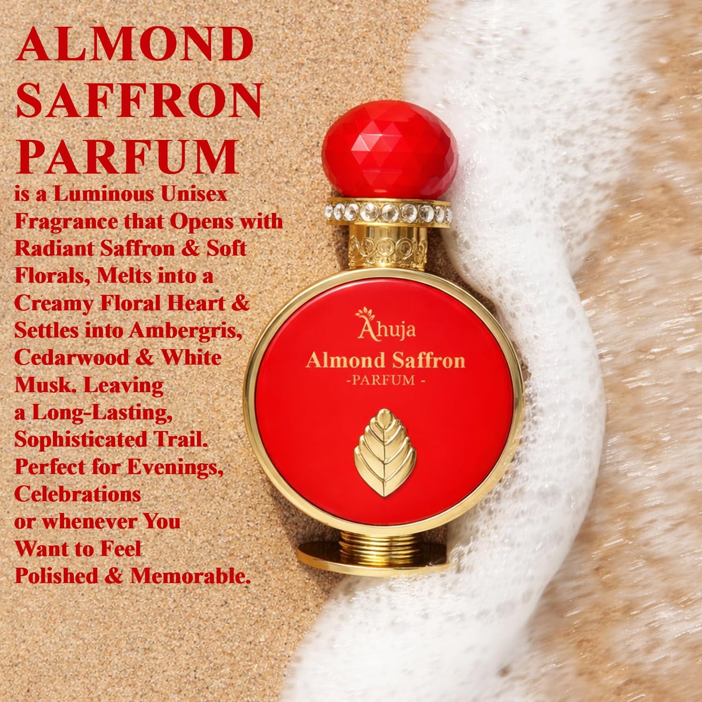 AHUJA Almond Saffron - 3.4 oz Parfum | Unisex Warm Floral Saffron Scent | 30% Long Lasting Oil | Saffron, Jasmine, Orange Blossom, Rose, Ambergris Beauty & Personal Care AHUJA