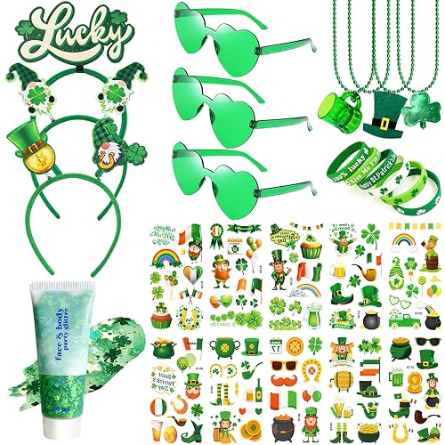 QVAIVE 117 Pcs St Patricks Day Accessories Party Favor Set with Custom Shamrock Glitter Gel,Glasses,Headbands,Bracelets,Necklaces for Irish Parades Beauty & Personal Care QVAIVE