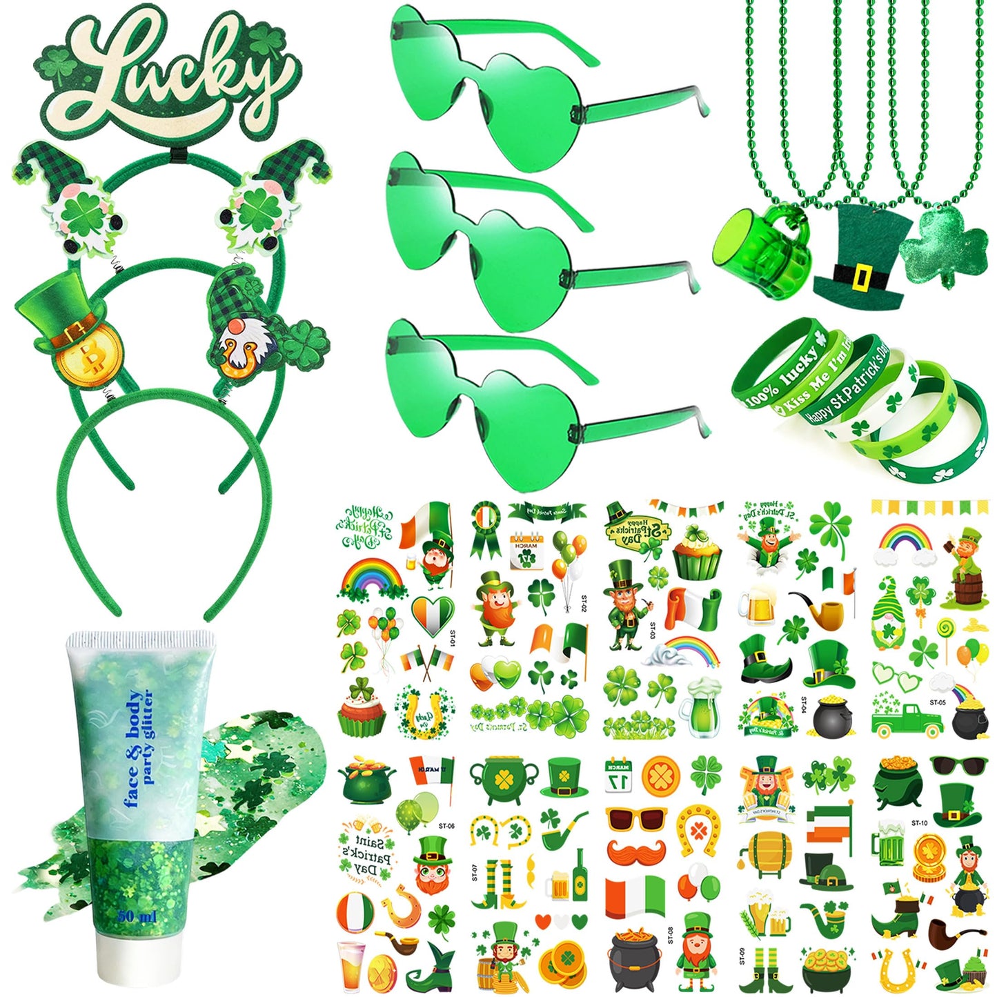QVAIVE 117 Pcs St Patricks Day Accessories Party Favor Set with Custom Shamrock Glitter Gel,Glasses,Headbands,Bracelets,Necklaces for Irish Parades Beauty & Personal Care QVAIVE