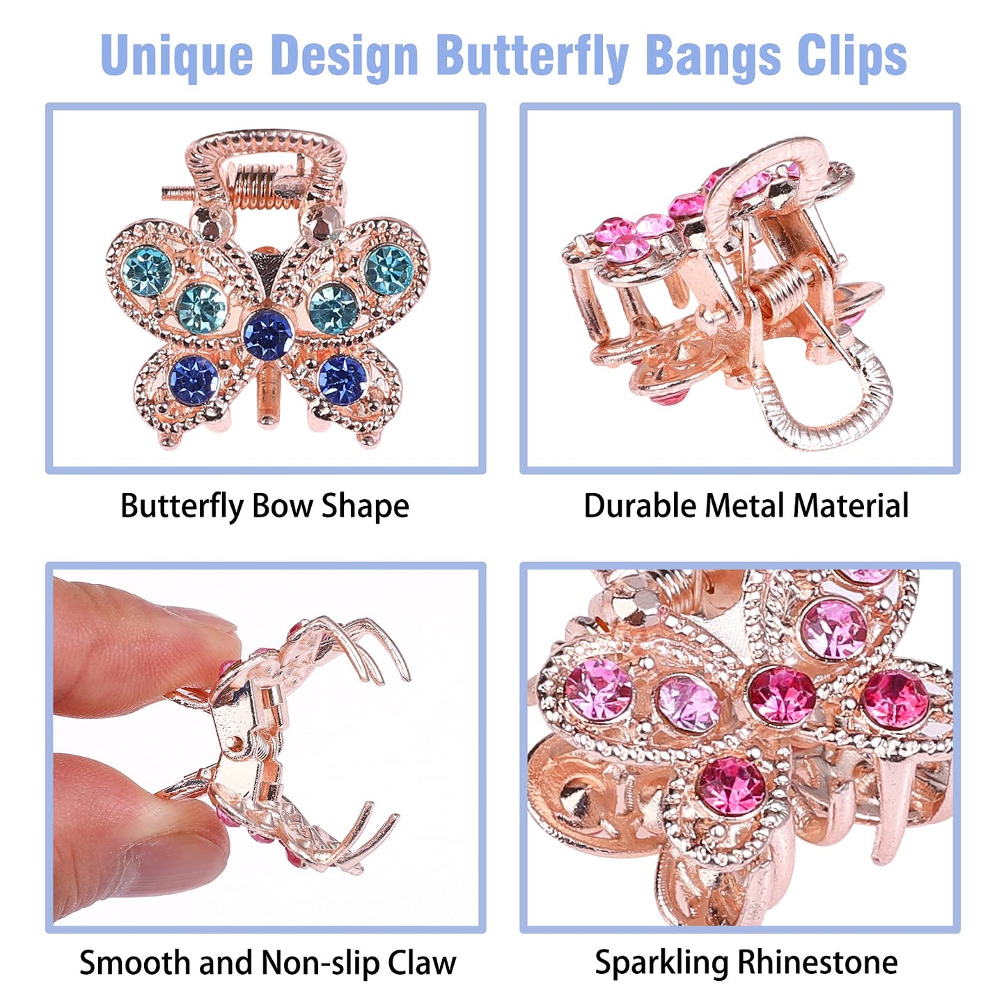 QXUJI 10PCS Rhinestone Hair Claw Jaw Clips, Crystal Metal No-slip Hair Grip Clamps, Mini Butterfly Bangs Clip Bow Hair Claw Gripper, for Women Girls Beauty & Personal Care QXUJI