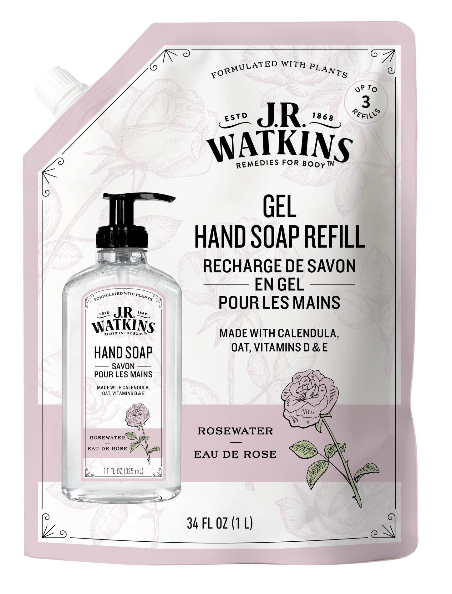 J.R. Watkins Rosewater Liquid Hand Soap Refill Pouch 1 L Beauty & Personal Care J.R. Watkins