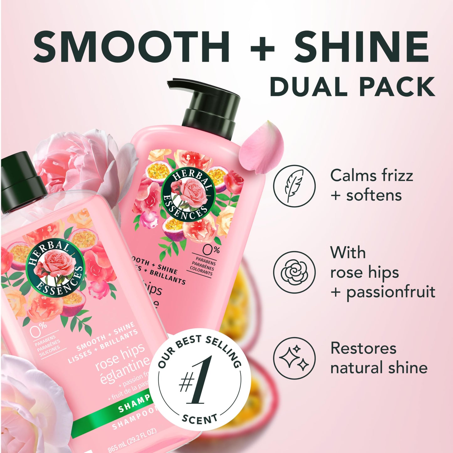 Herbal Essences Shampoo & Conditioner Set, Rose Hips + Passionfruit - Smooth Collection, Paraben-Free, Color-Safe, Shiny Hair with Jojoba & Vitamin E Beauty & Personal Care Herbal Essences