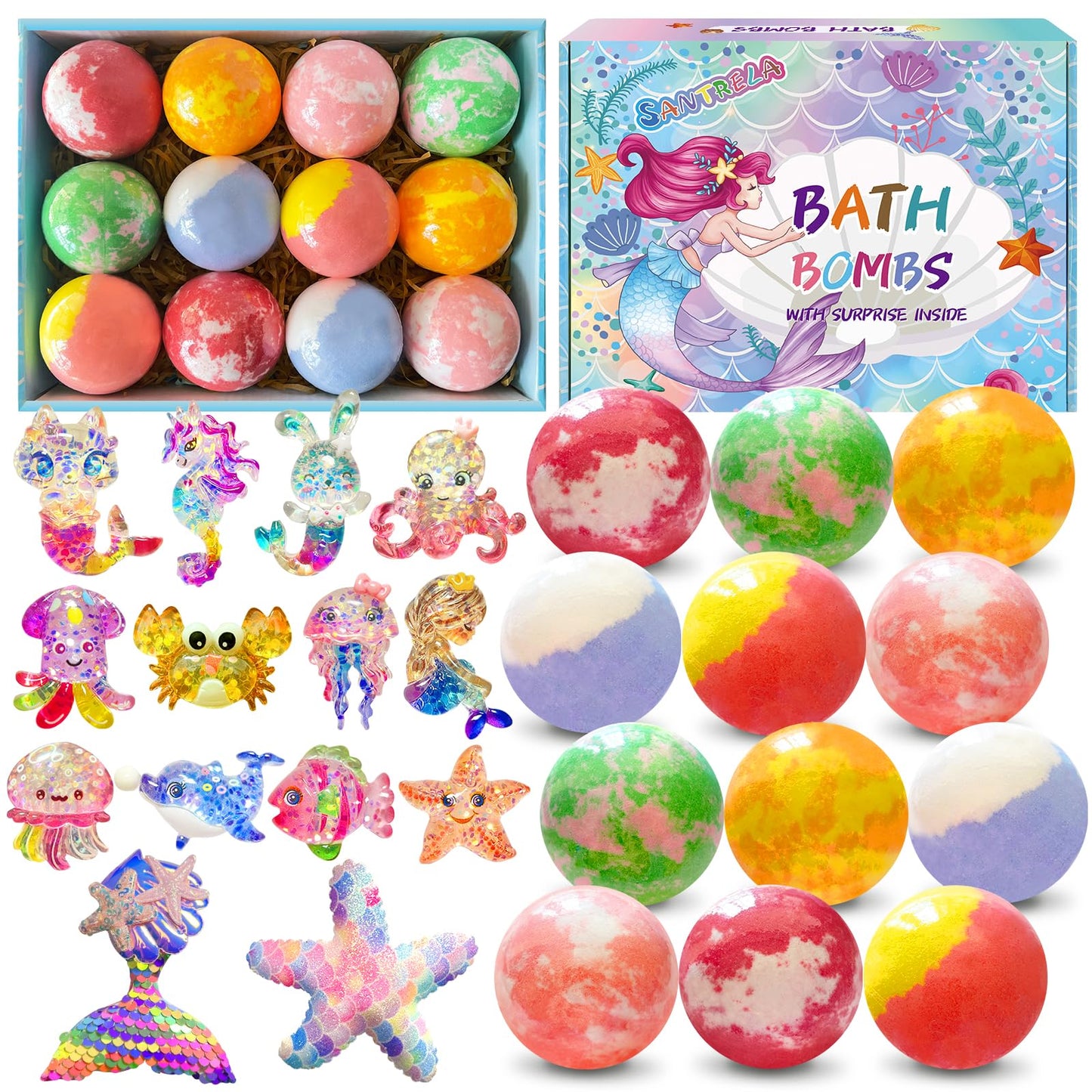Bath Bombs for Kids with Surprise Inside, 12pcs Kids Bath Bombs with Mermaid Toys Gift Set for Girls, Shea & Coco Butter Dry Skin Moisturize, Birthday Beauty and Personal Care Santrela
