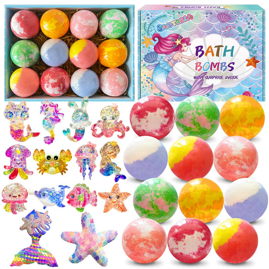 Bath Bombs for Kids with Surprise Inside, 12pcs Kids Bath Bombs with Mermaid Toys Gift Set for Girls, Shea & Coco Butter Dry Skin Moisturize, Birthday Beauty and Personal Care Santrela
