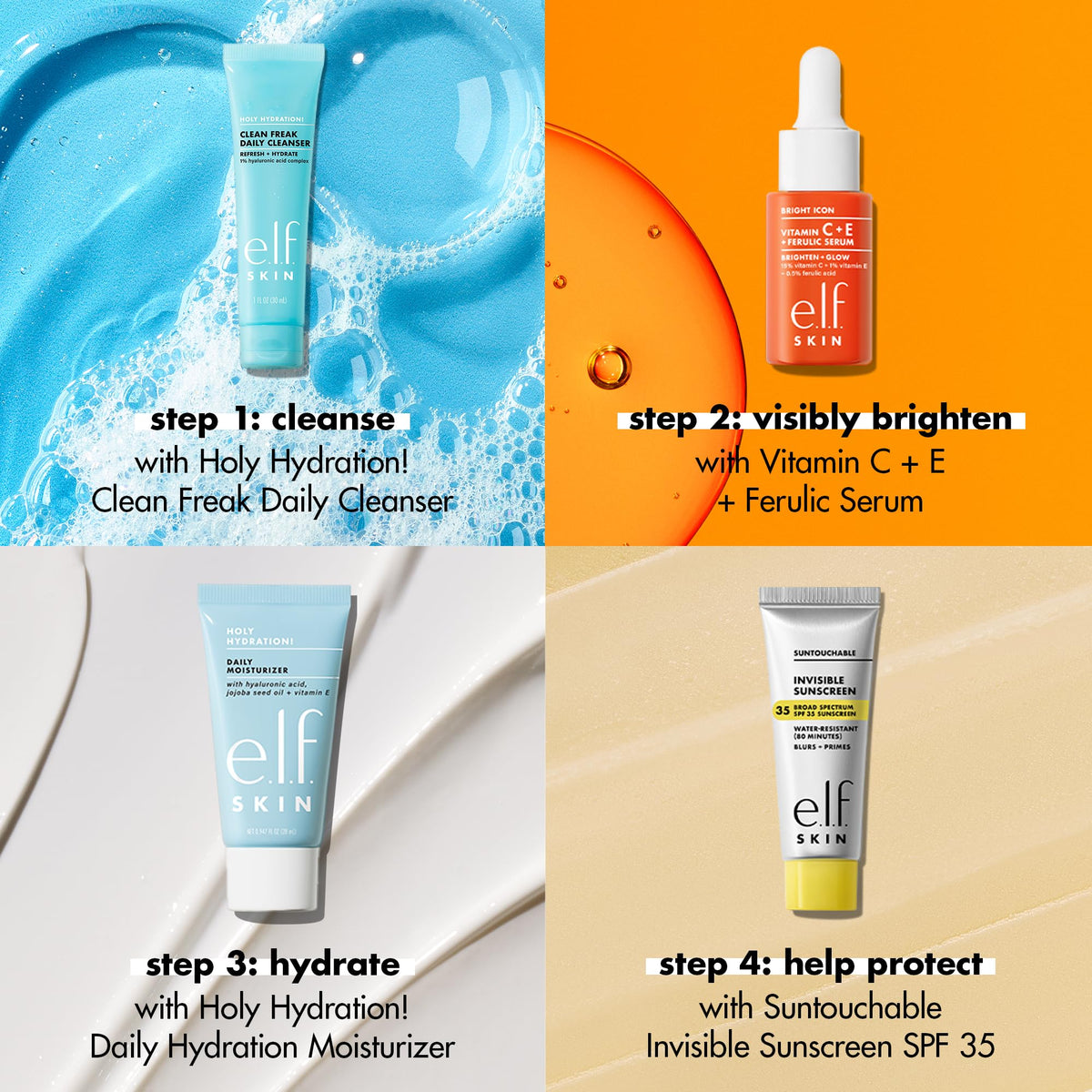 e.l.f. SKIN Wake the e.l.f. Up Skincare Kit, Travel-Size Hydrating Face Cleanser, Sunscreen, Moisturizer & Brightening Serum, Vegan & Cruelty-Free Beauty & Personal Care e.l.f.