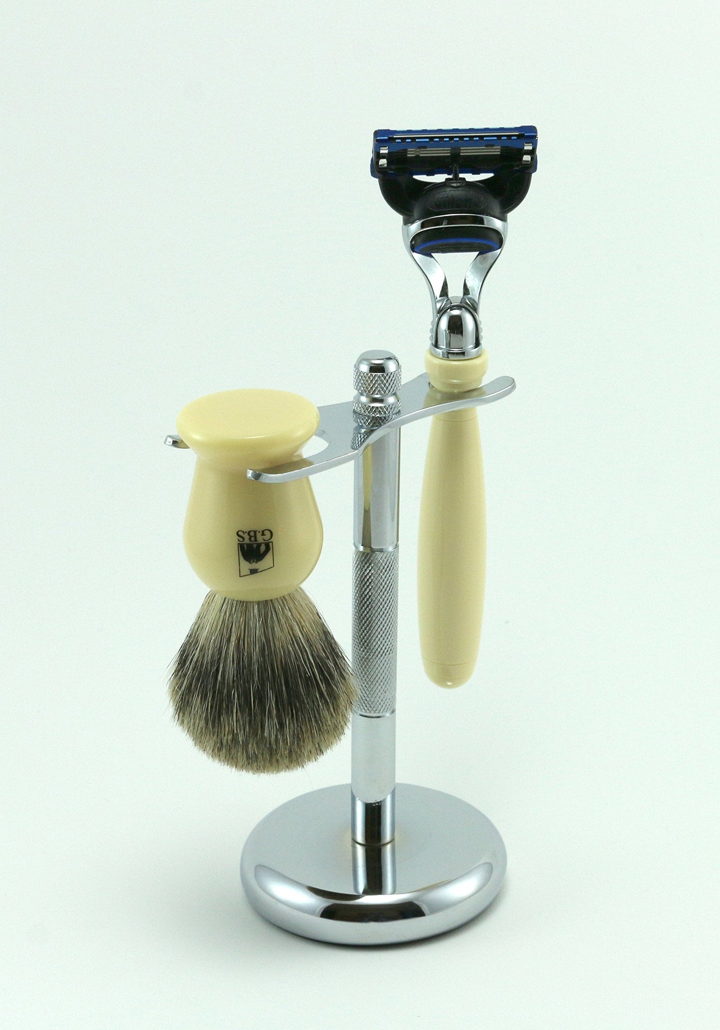G.B.S Men’s Premium Faux Ivory Grooming Gift Set, Ivory 5 Blade Compatible Razor, Badger Brush with Ivory Handle, Chrome Brush and Razor Stand Shaving Beauty and Personal Care G.B.S