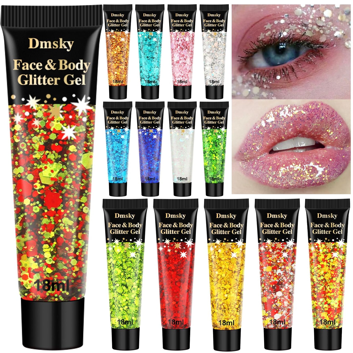 14 Colors Body Glitter,Face Glitter Makeup for Kids Women,Sparkly Chunky Hair Glitter for Eye Lip Nails,Mardi Gras Glitter Makeup Face Paint,Singer Beauty & Personal Care Dmsky