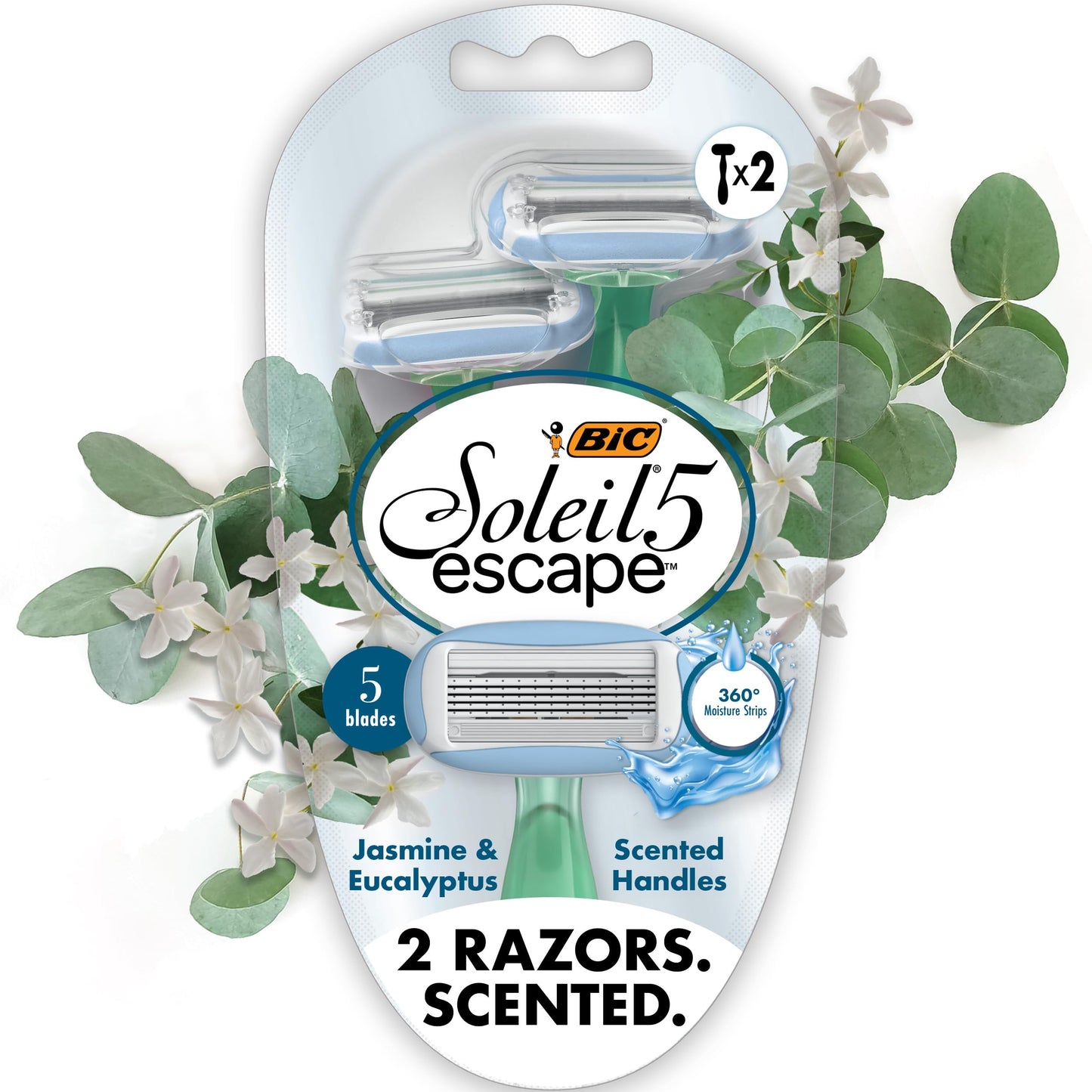 BIC Soleil 5 Escape Scented Women's Disposable Razors, 5 Blades, Comfortable Shave, Jasmine & Eucalyptus Scented Handle Shaving Razors for Women, 2 Beauty and Personal Care BIC