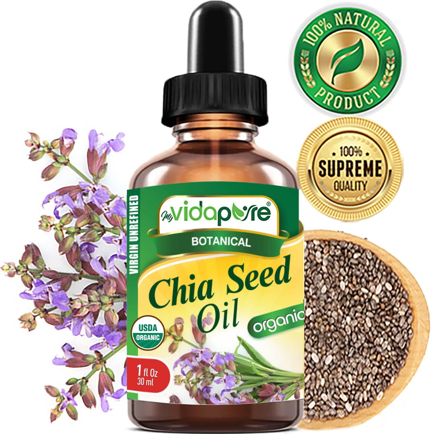 MYVIDAPURE Organic CHIA SEED OIL Certified Organic 100% Natural Pure VIRGIN UNREFINED Undiluted Cold Pressed Carrier Oil for Face Skin Body Hair Lip Beauty & Personal Care MYVIDAPURE