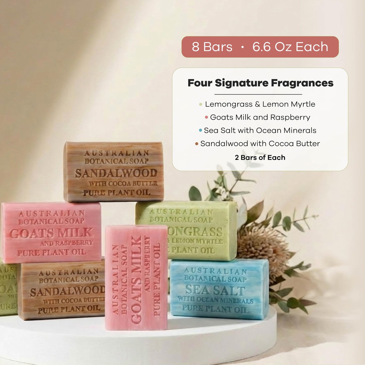 Australian Botanical Soap 8-Pack Variety Bar Soap Set, 6.6 oz Each (8 Bars) - 2 Each: Sandalwood, Sea Salt, Goats Milk Raspberry, Lemongrass & Lemon Beauty & Personal Care Australian Botanical Soap