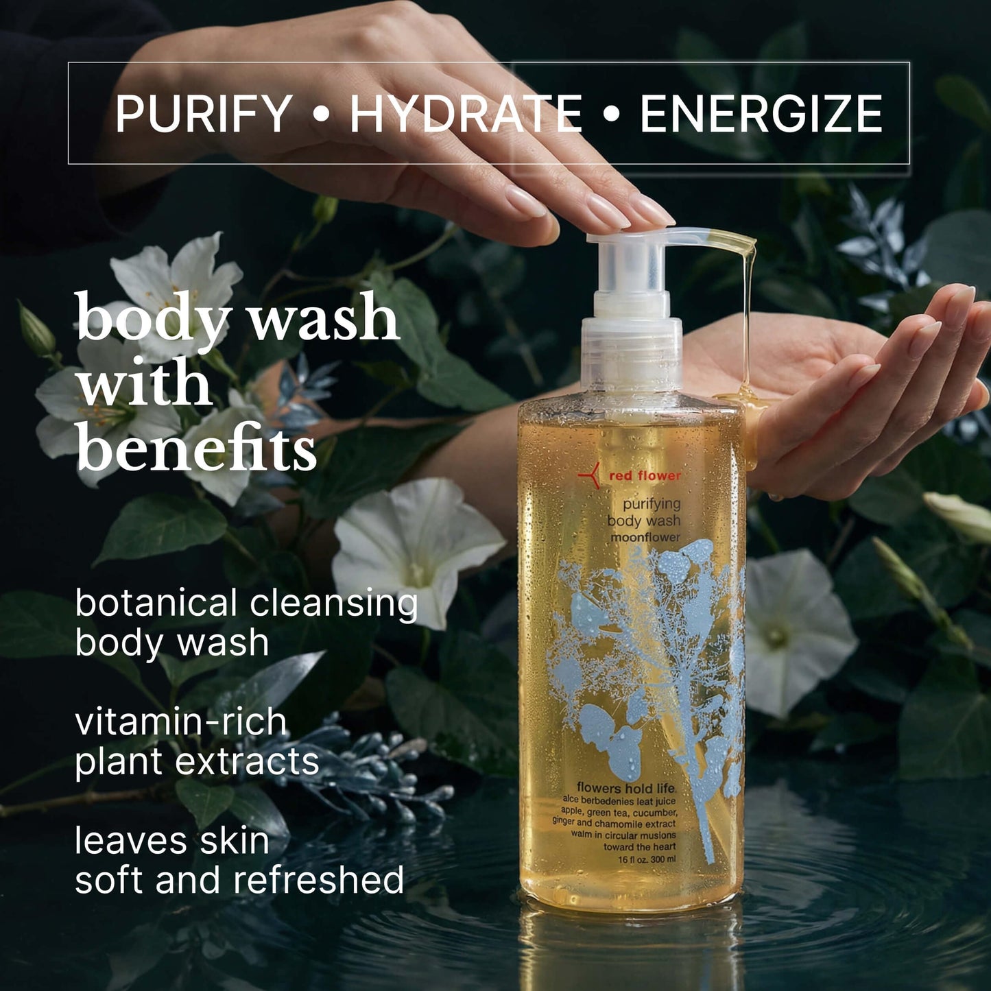 Red Flower Moonflower Purifying Body Wash - Cleanse & Hydrate Botanical Shower Gel with Organic Fruit & Leaf Extracts for Hydrated, Radiant Skin (10 Beauty & Personal Care Red Flower