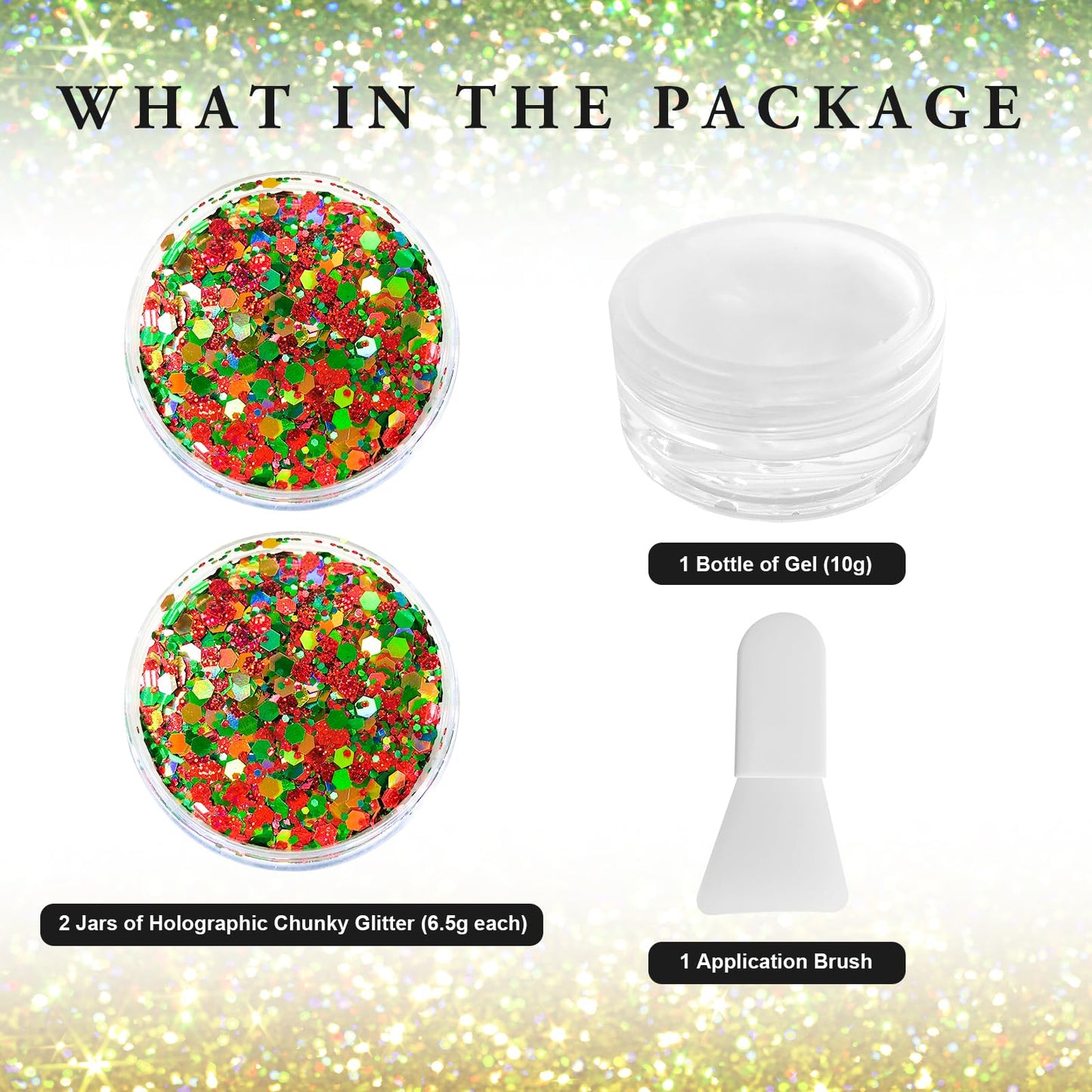 Red Green Gold Mixed Holographic Chunky Glitter, 13g (2 Jars x 6.5g) Crafts Glitter Powder with 10g Gel and Brush, Christmas Iridescent Nail Sequins Beauty & Personal Care Jremreo